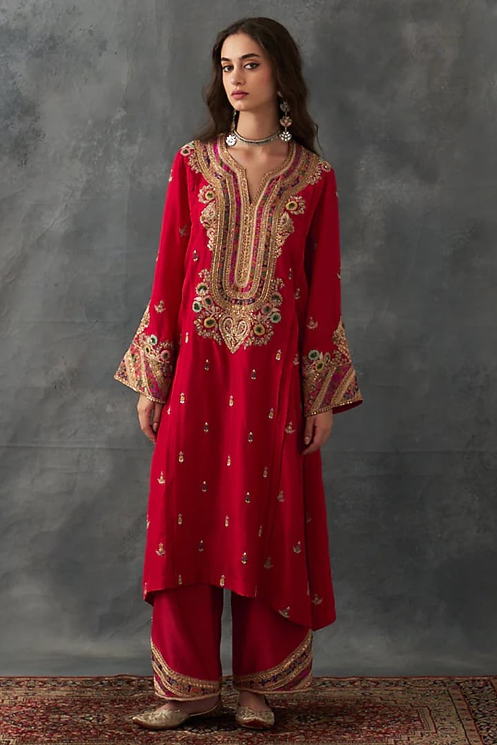 Crimson Red Dupion Silk & Chanderi Embroidered Kurta Set by Petticoat Lane at Pernia's Pop Up Shop