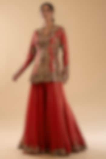 Burnt Sienna Chanderi & Organza Embroidered Bridal Sharara Set by Petticoat Lane at Pernia's Pop Up Shop