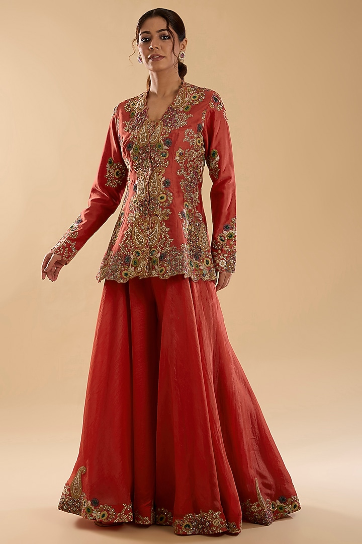 Burnt Sienna Chanderi & Organza Embroidered Bridal Sharara Set by Petticoat Lane at Pernia's Pop Up Shop