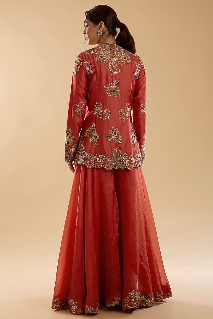 Burnt Sienna Chanderi & Organza Embroidered Bridal Sharara Set by Petticoat Lane at Pernia's Pop Up Shop