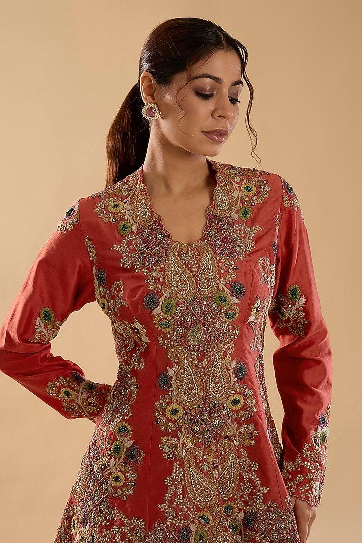 Burnt Sienna Chanderi & Organza Embroidered Bridal Sharara Set by Petticoat Lane at Pernia's Pop Up Shop