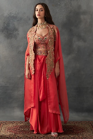 Rust Satin Draped Skirt Set by Petticoat Lane
