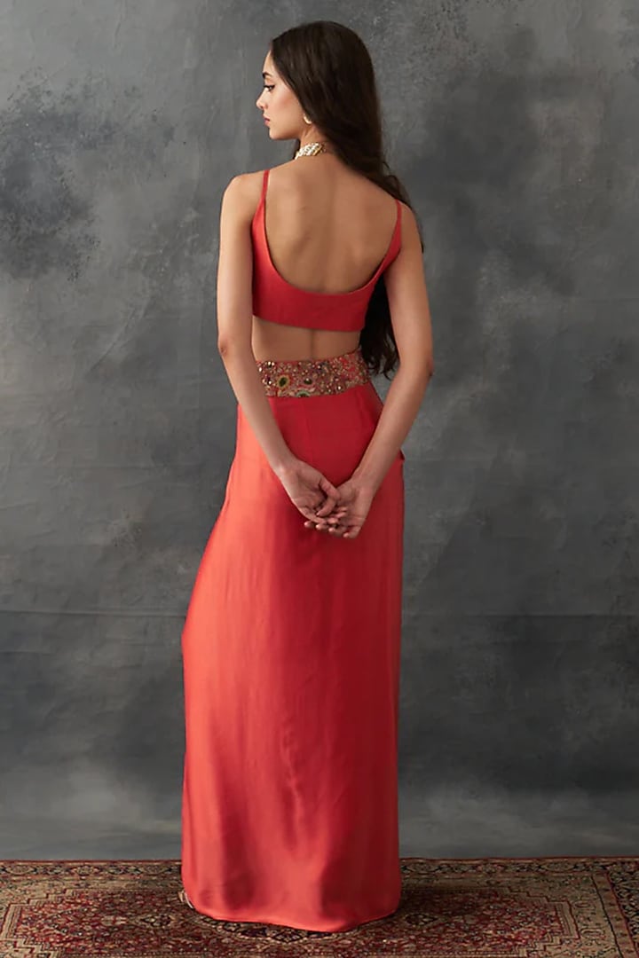 Rust Satin Draped Skirt Set by Petticoat Lane at Pernia's Pop Up Shop