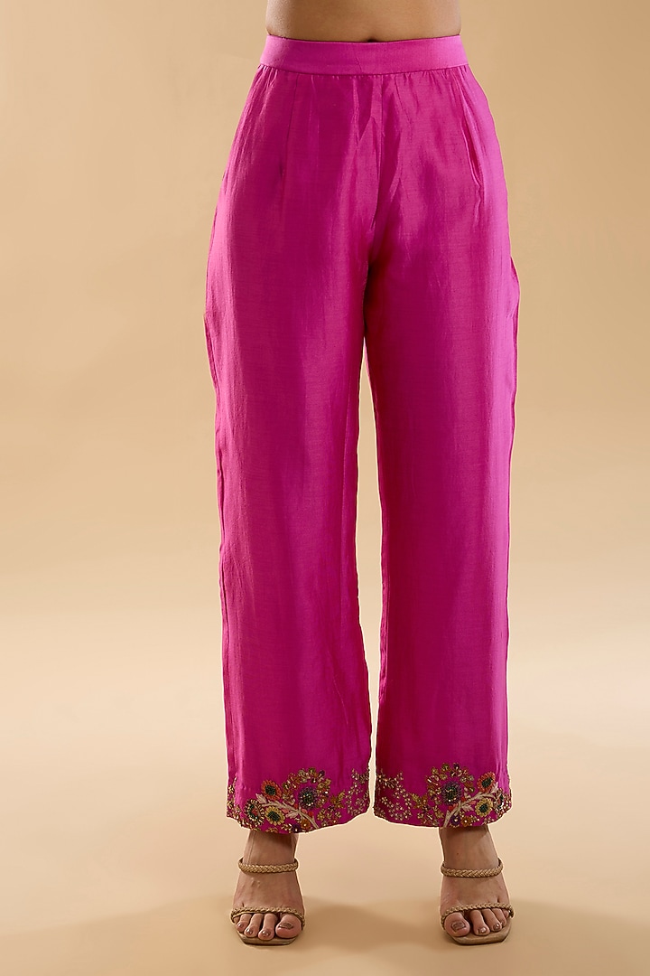 Fuchsia Pink Chanderi Embroidered Kurta Set by Petticoat Lane at Pernia's Pop Up Shop