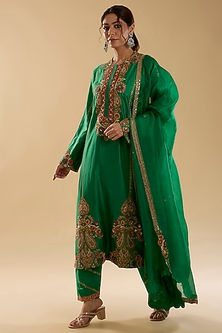 Green Chanderi Hand & Machine Embroidered A-Line Kurta Set by Petticoat Lane