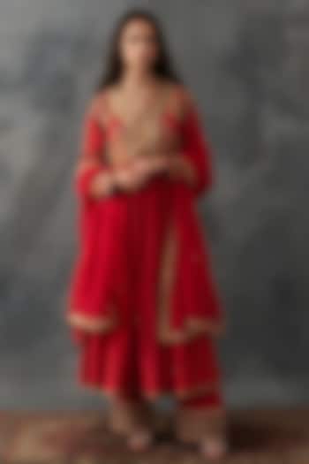 Burnt Sienna Chanderi & Organza Embroidered Kurta Set by Petticoat Lane at Pernia's Pop Up Shop