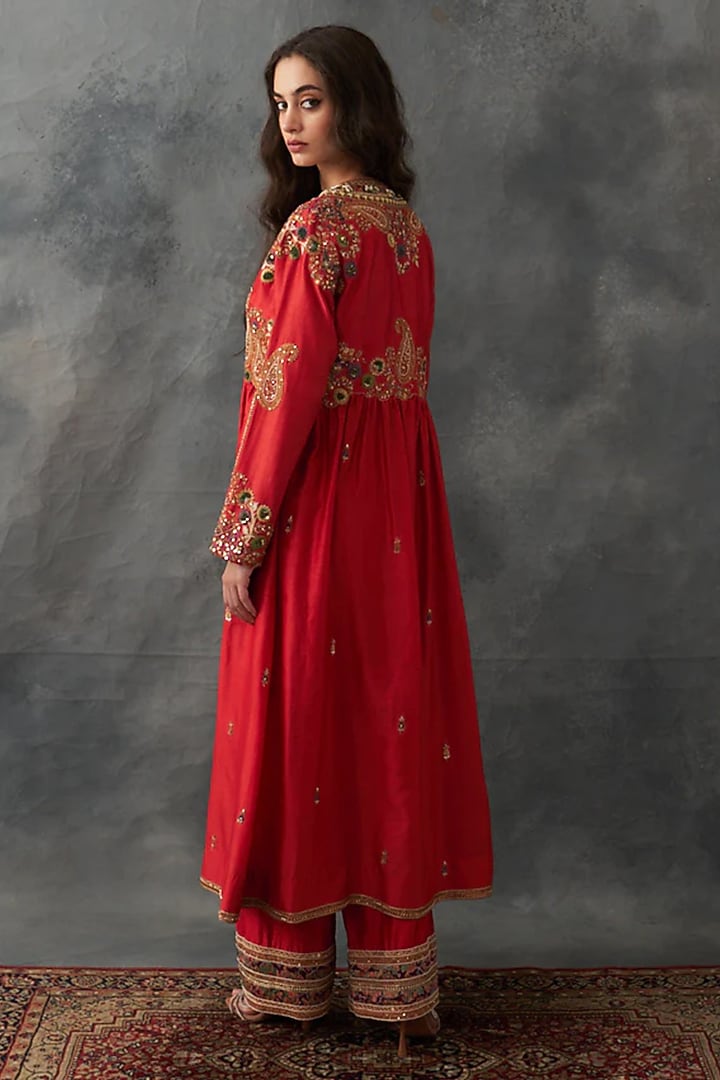 Burnt Sienna Chanderi & Organza Embroidered Kurta Set by Petticoat Lane at Pernia's Pop Up Shop
