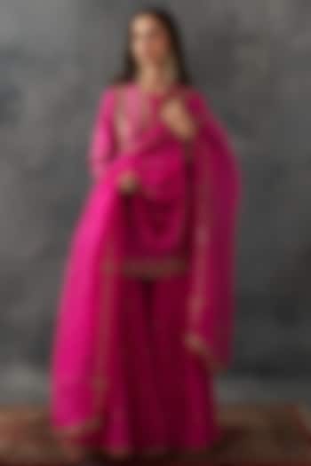 Fuchsia Pink Chanderi & Organza Bridal Sharara Set by Petticoat Lane at Pernia's Pop Up Shop