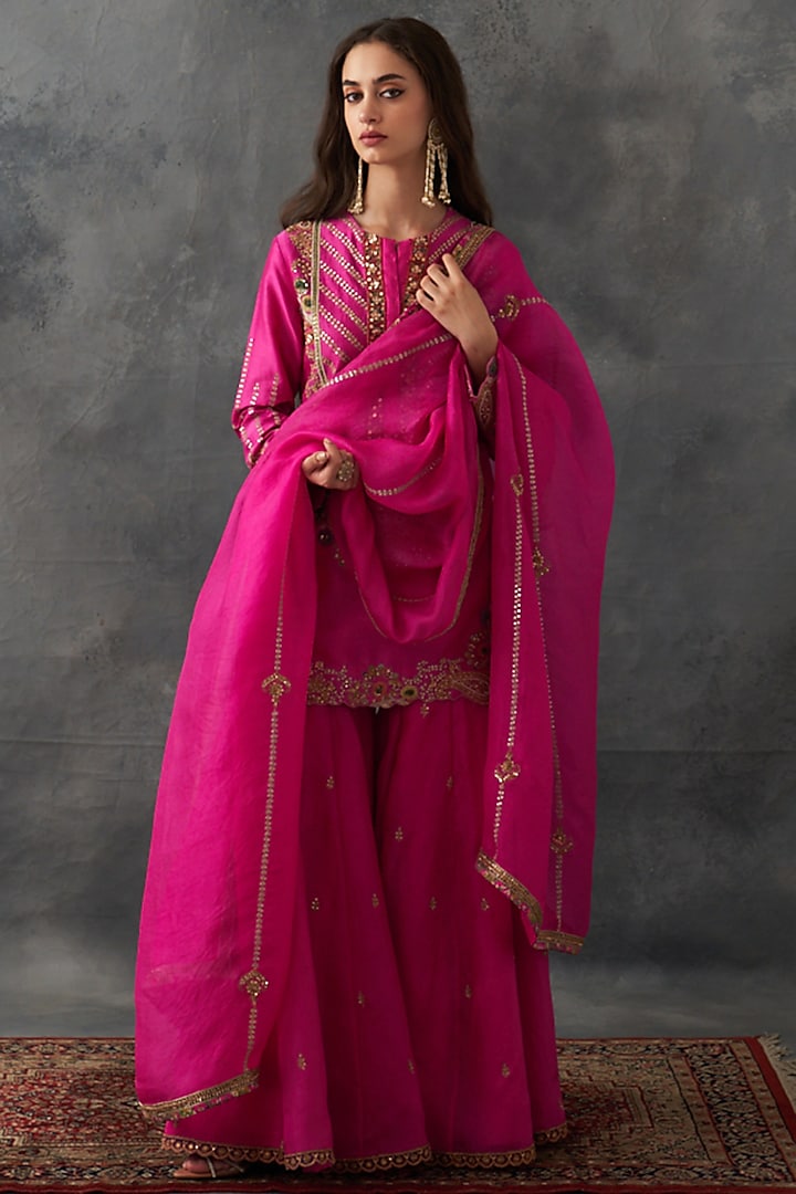 Fuchsia Pink Chanderi & Organza Bridal Sharara Set by Petticoat Lane at Pernia's Pop Up Shop