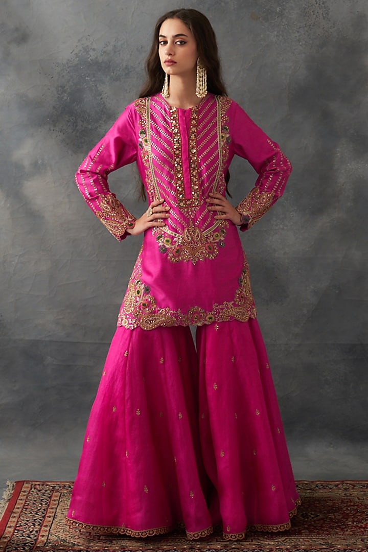 Fuchsia Pink Chanderi & Organza Bridal Sharara Set by Petticoat Lane at Pernia's Pop Up Shop