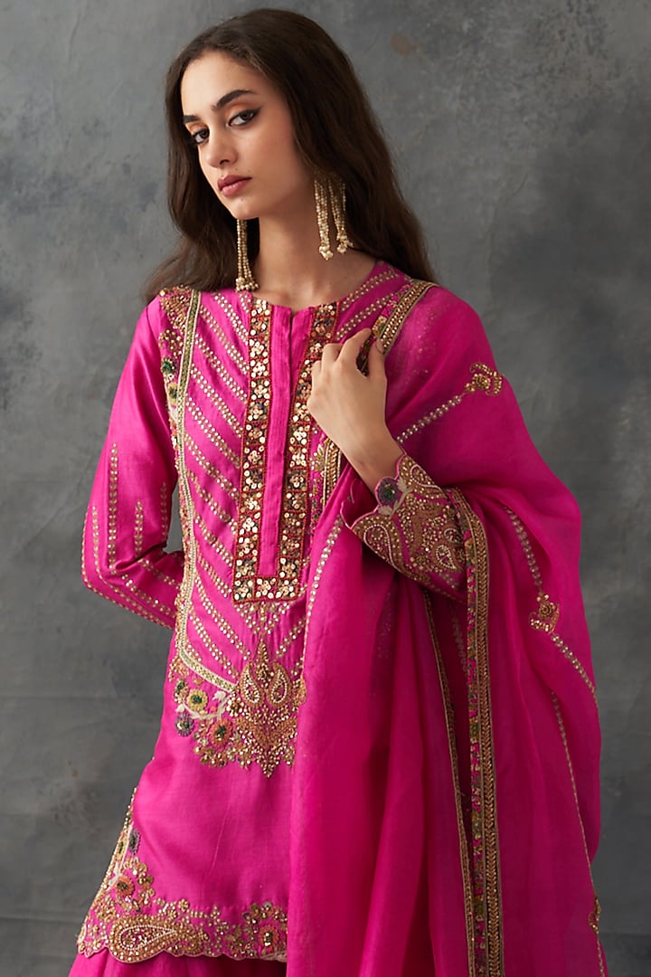 Fuchsia Pink Chanderi & Organza Bridal Sharara Set by Petticoat Lane at Pernia's Pop Up Shop