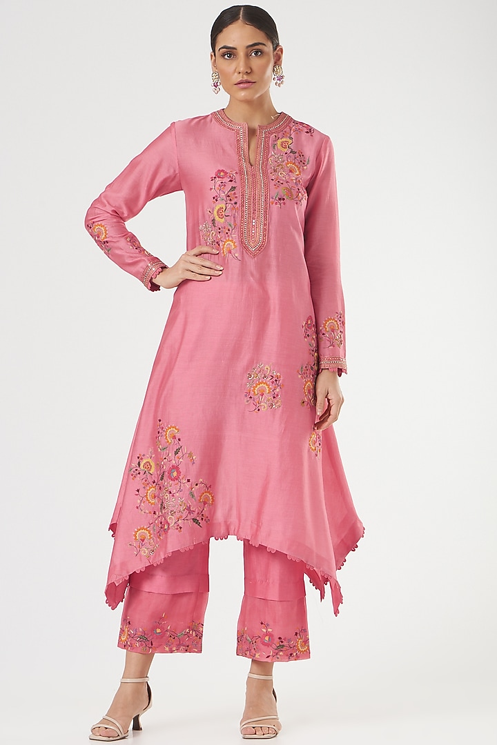 Pink Chanderi Asymmetrical Kurta Set by Petticoat Lane