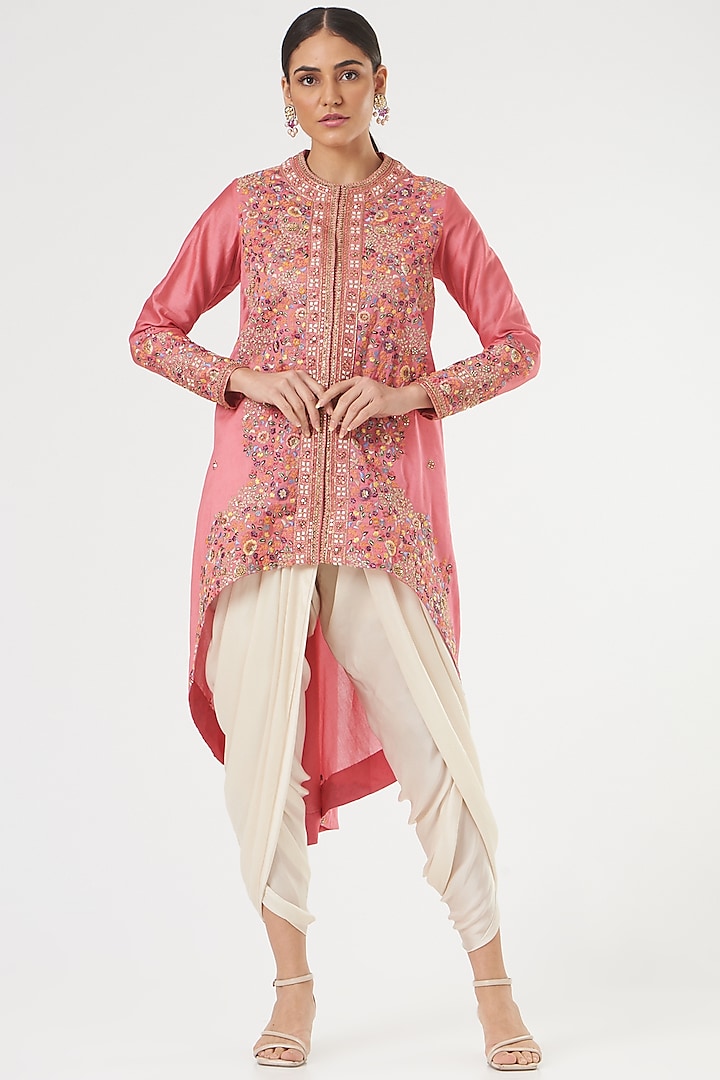 Pink Chanderi High-Low Jacket Set by Petticoat Lane