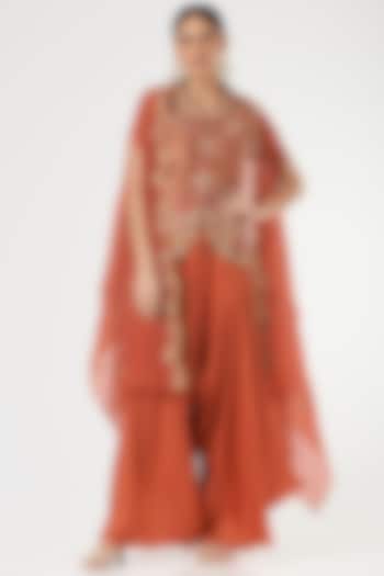 Red Chanderi Satin Short Jacket Set by Petticoat Lane