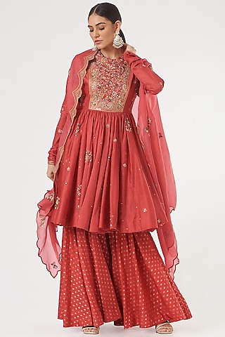 Tomato Red Brocade Sharara Set by Petticoat Lane