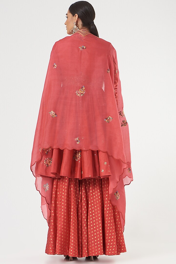 Tomato Red Brocade Wedding Sharara Set by Petticoat Lane at Pernia's Pop Up Shop