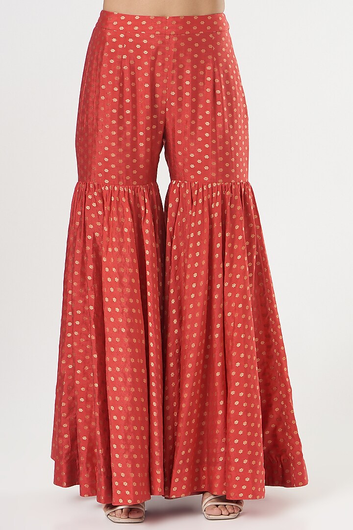 Tomato Red Brocade Wedding Sharara Set by Petticoat Lane at Pernia's Pop Up Shop