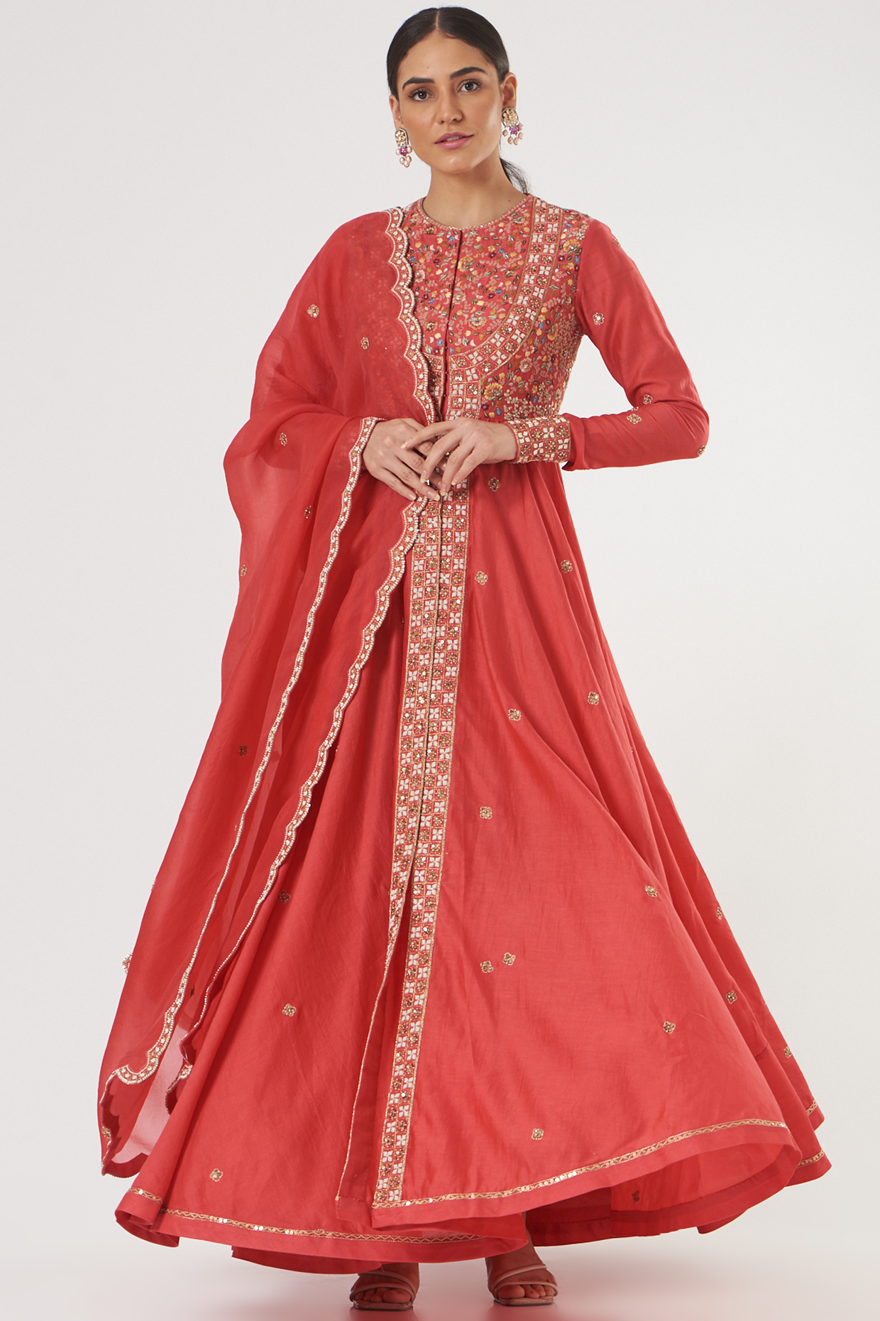 Tomato Red Chanderi Wedding Anarkali Set by Petticoat Lane at Pernia's Pop Up Shop