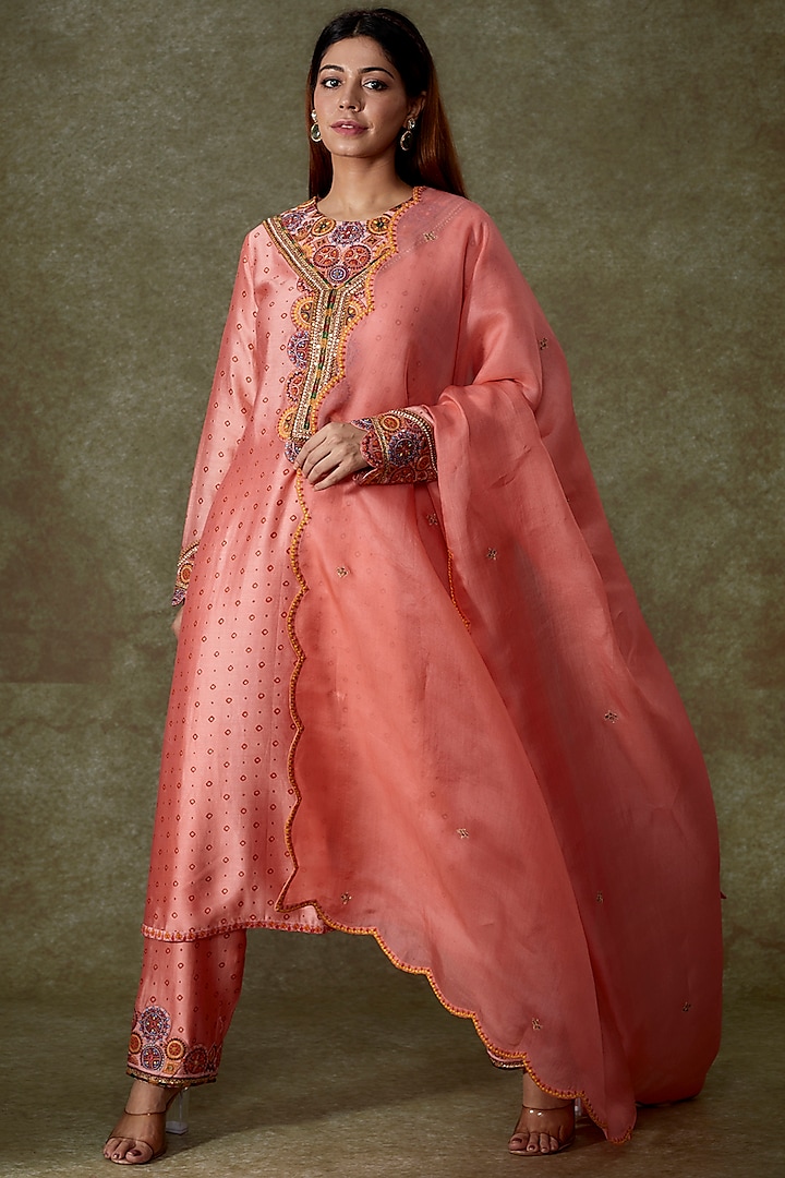 Peach Chanderi Bandhani Printed Kurta Set by Petticoat Lane