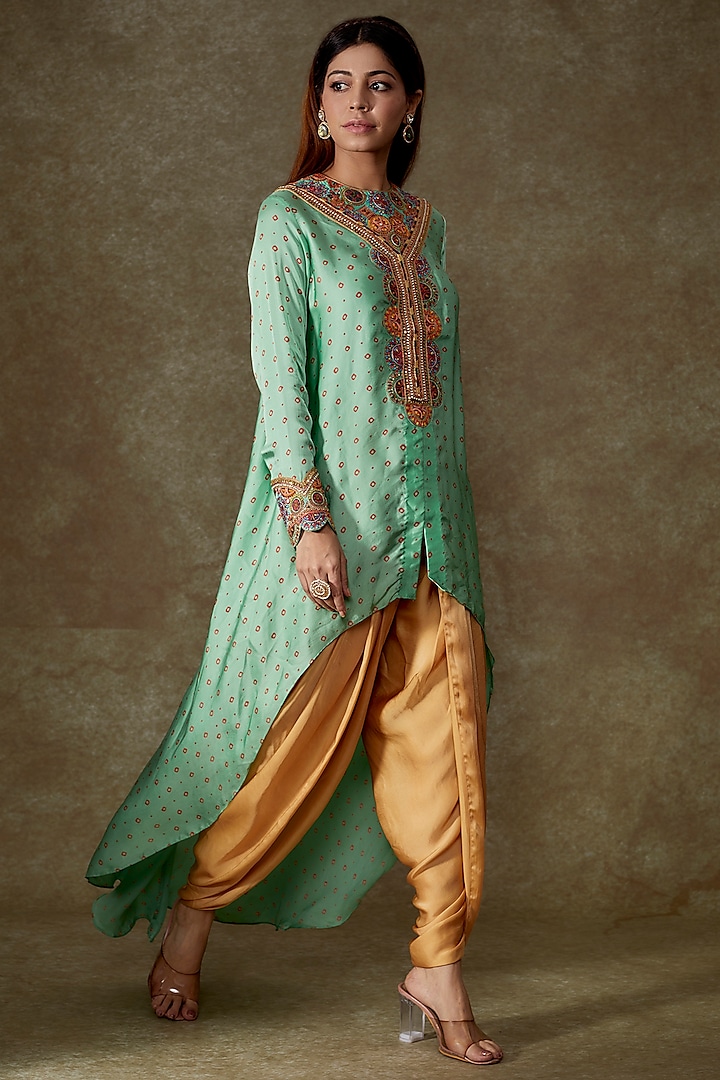 Turquoise Silk Bandhani Printed Jacket Set by Petticoat Lane