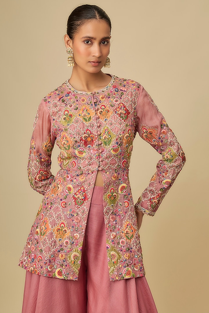 Lilac Organza Hand & Machine Embroidered Peplum Kurta Set by Petticoat Lane at Pernia's Pop Up Shop