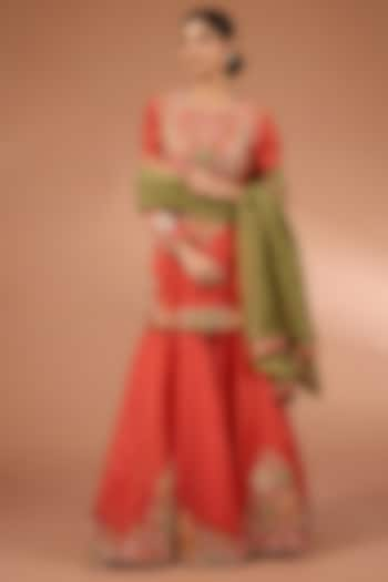 Red Chanderi & Organza Patchwork Sharara Set by Petticoat Lane at Pernia's Pop Up Shop