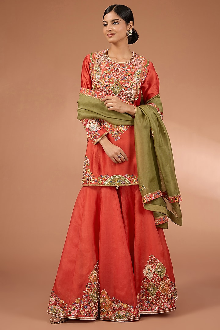 Red Chanderi & Organza Patchwork Sharara Set by Petticoat Lane at Pernia's Pop Up Shop