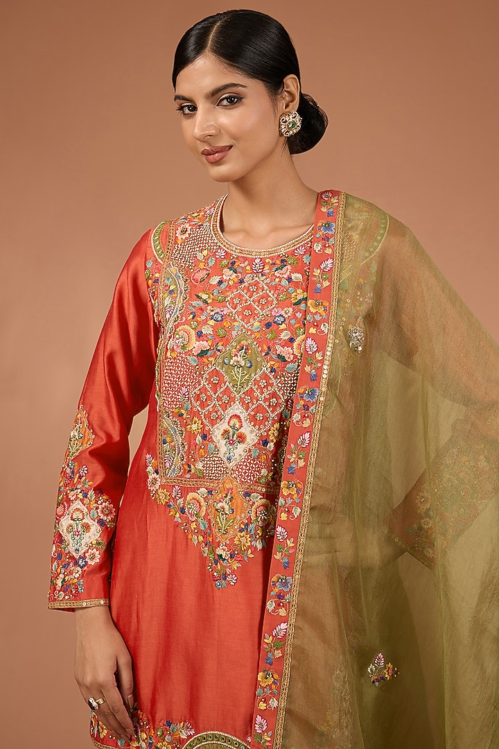 Red Chanderi & Organza Patchwork Bridal Sharara Set by Petticoat Lane at Pernia's Pop Up Shop