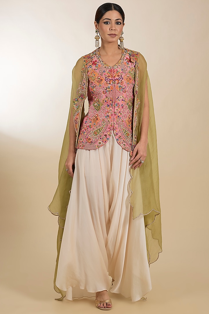 Gulaal Pink Chanderi Patchwork Jacket Set by Petticoat Lane at Pernia's Pop Up Shop