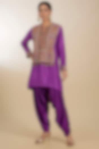 Purple Dupion & Satin Hand Embroidered Dhoti Set by Petticoat Lane at Pernia's Pop Up Shop