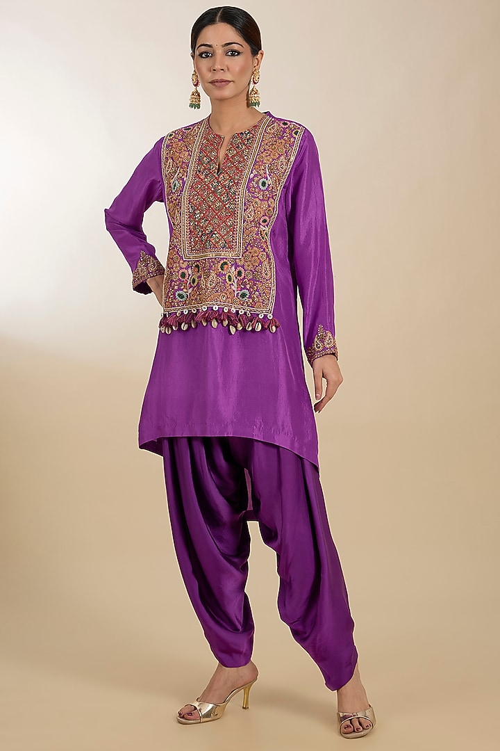 Purple Dupion & Satin Hand Embroidered Dhoti Set by Petticoat Lane at Pernia's Pop Up Shop