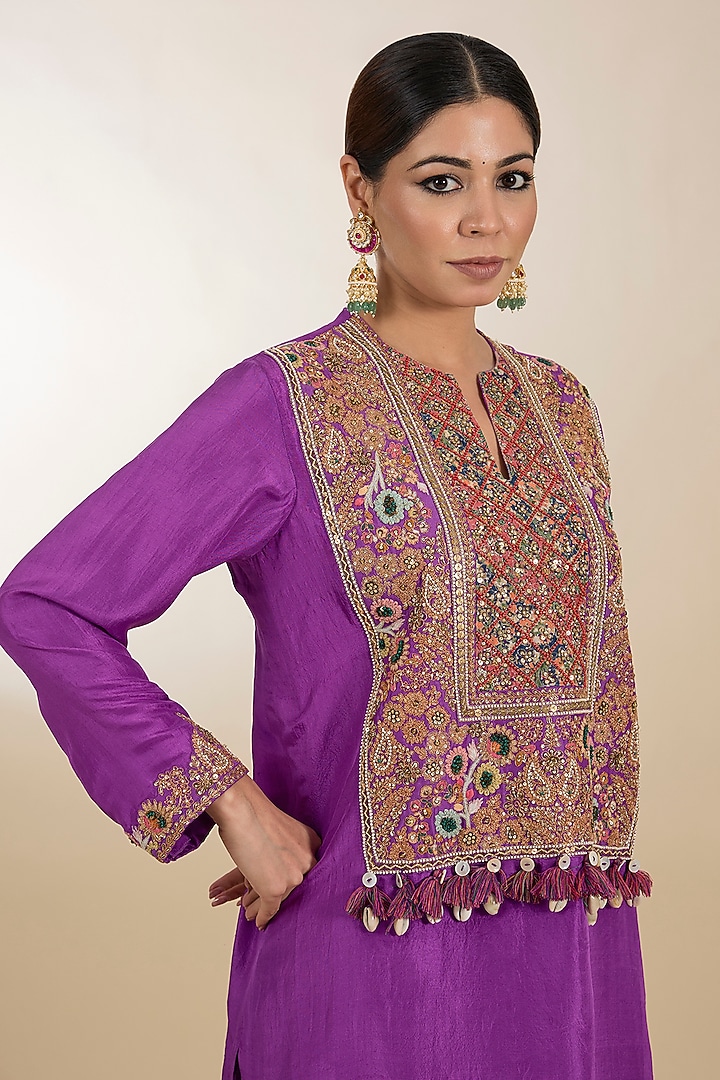 Purple Dupion & Satin Hand Embroidered Dhoti Set by Petticoat Lane at Pernia's Pop Up Shop