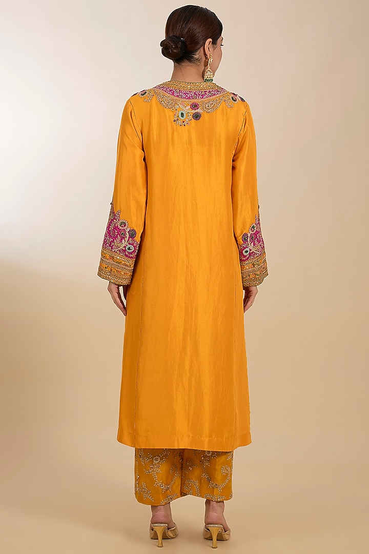 Yellow Dupion & Chanderi Patchwork Kurta Set by Petticoat Lane at Pernia's Pop Up Shop
