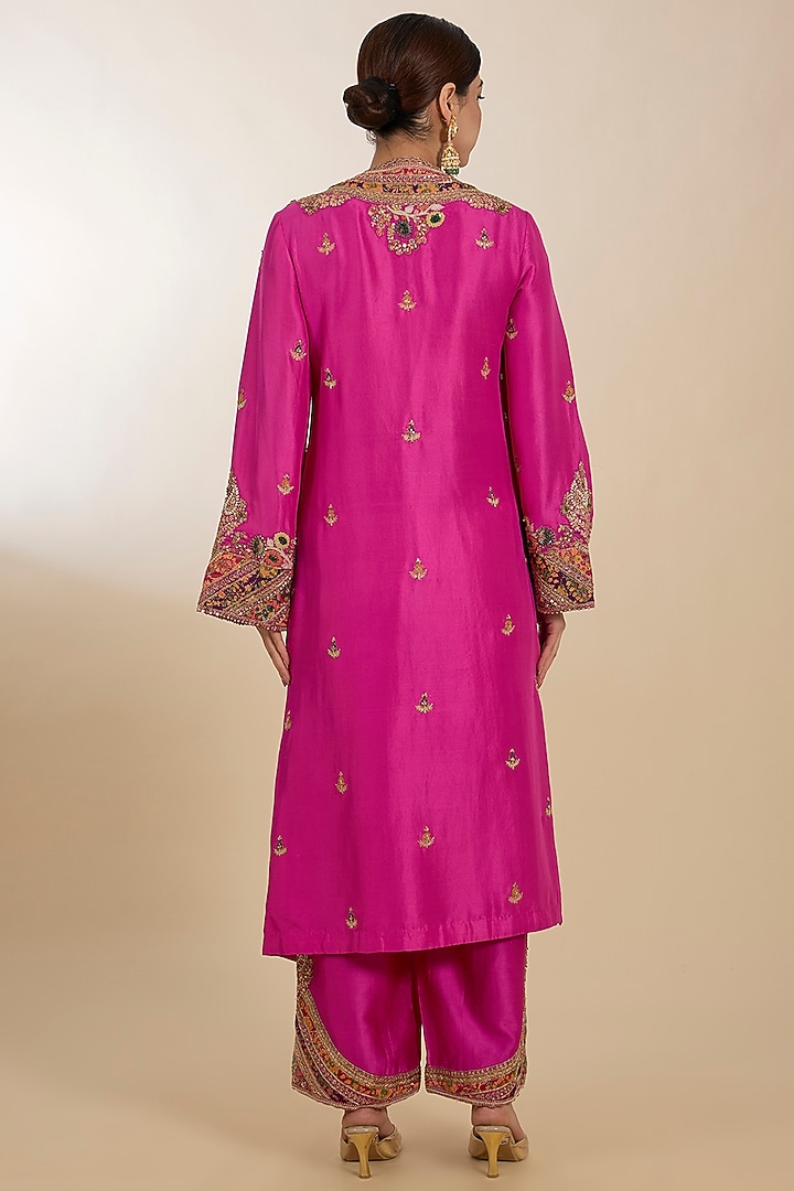 Fuchsia Dupion Floral Boota Work Kurta Set by Petticoat Lane at Pernia's Pop Up Shop