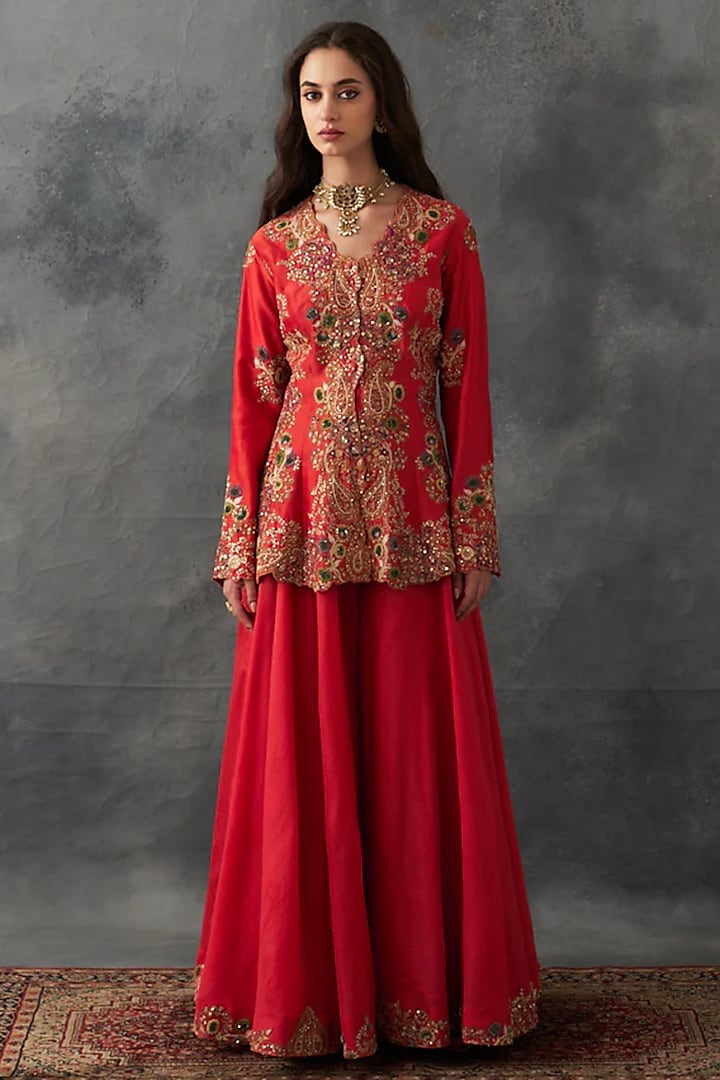 Burnt Sienna Chanderi & Organza Bridal Sharara Set by Petticoat Lane at Pernia's Pop Up Shop