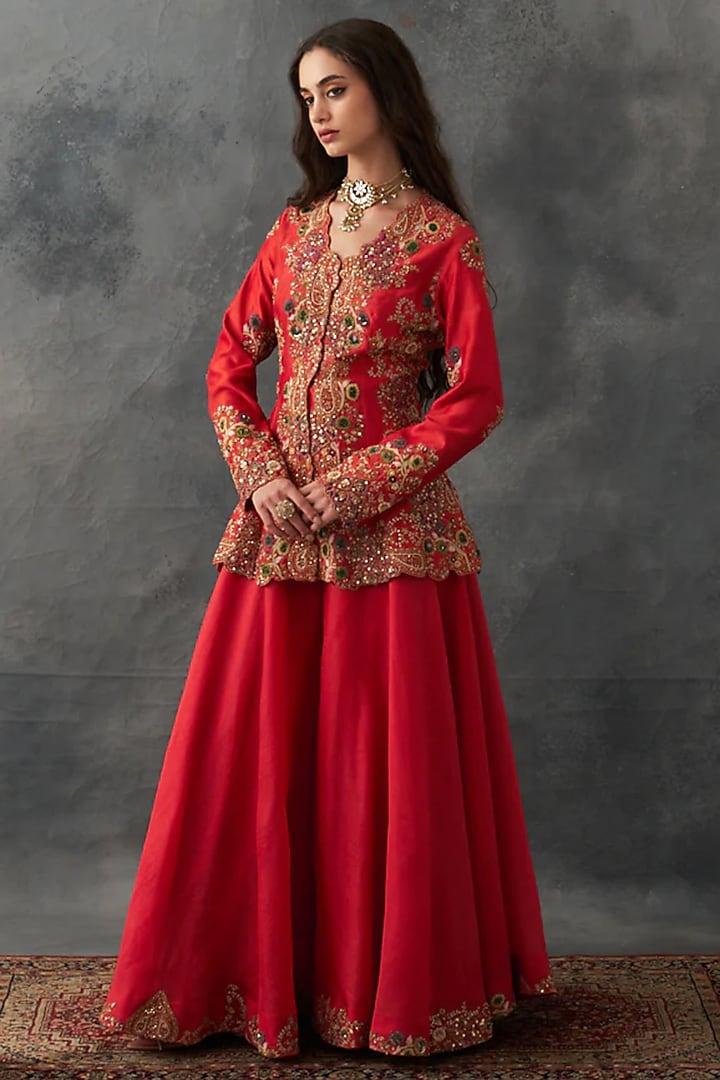 Burnt Sienna Chanderi & Organza Bridal Sharara Set by Petticoat Lane at Pernia's Pop Up Shop