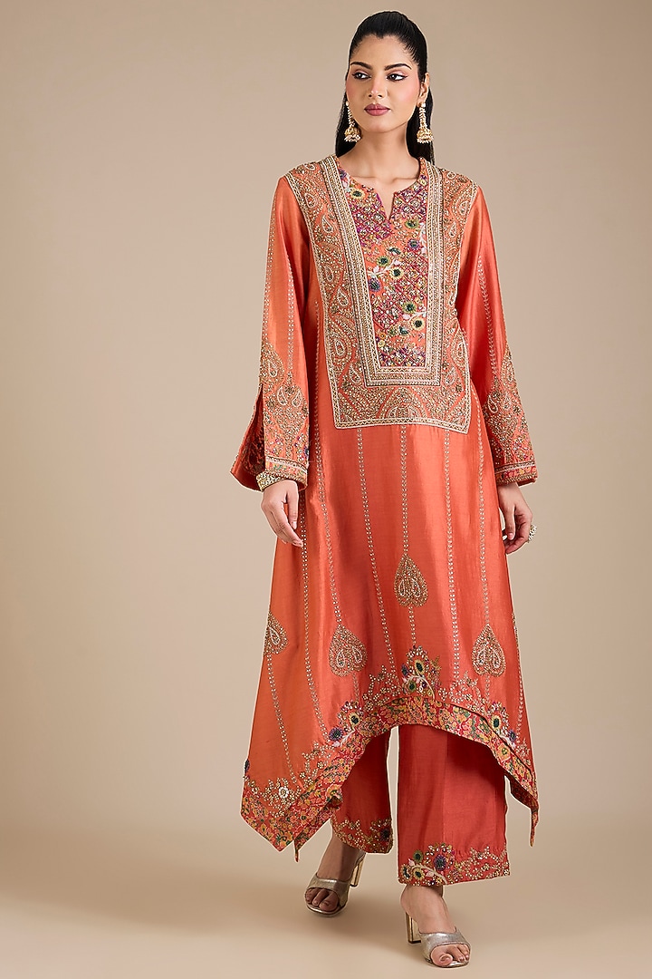Rust Chanderi Embroidered Kurta Set by Petticoat Lane at Pernia's Pop Up Shop