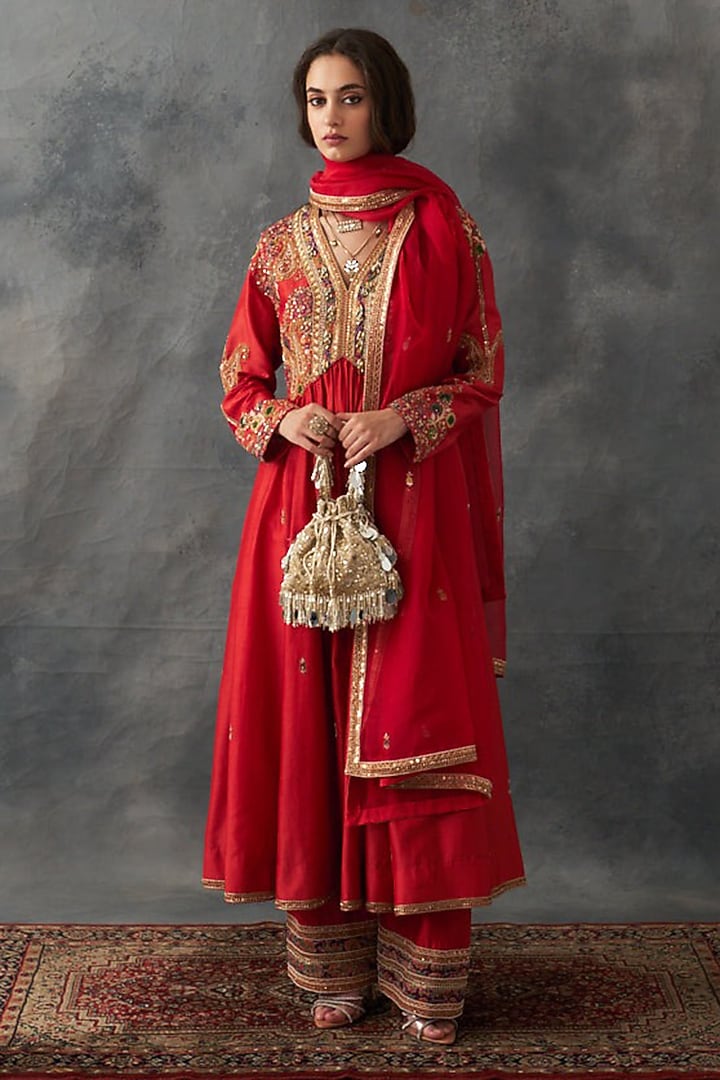 Burnt Sienna Chanderi Embroidered Gathered Kalidar Kurta Set by Petticoat Lane at Pernia's Pop Up Shop