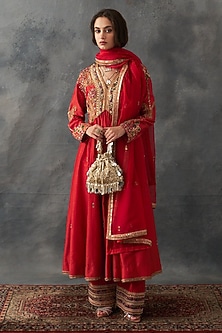 Burnt Sienna Chanderi Embroidered Gathered Kalidar Kurta Set by Petticoat Lane-POPULAR PRODUCTS AT STORE