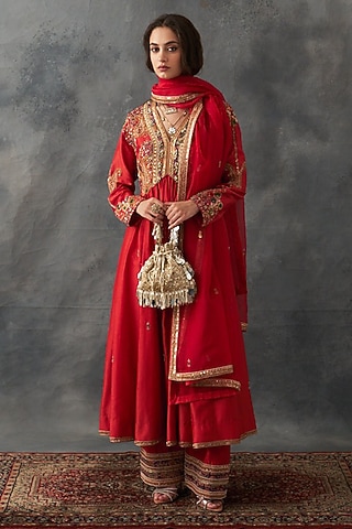 Burnt Sienna Chanderi Embroidered Gathered Kalidar Kurta Set by Petticoat Lane