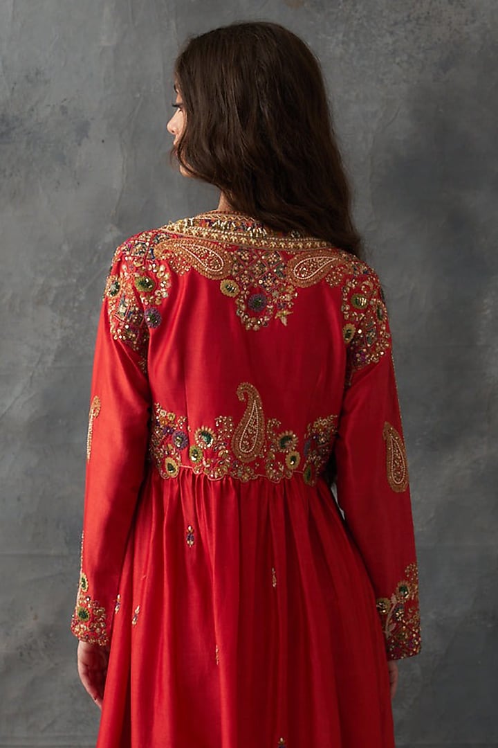 Burnt Sienna Chanderi Embroidered Gathered Kalidar Kurta Set by Petticoat Lane at Pernia's Pop Up Shop
