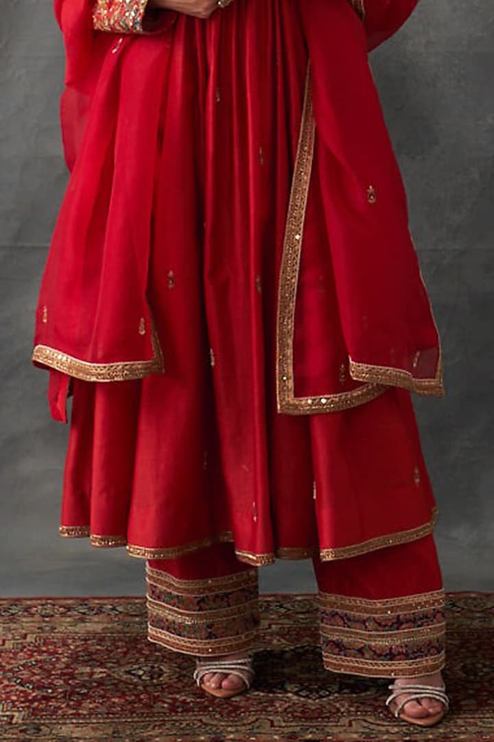 Burnt Sienna Chanderi Embroidered Gathered Kalidar Kurta Set by Petticoat Lane at Pernia's Pop Up Shop