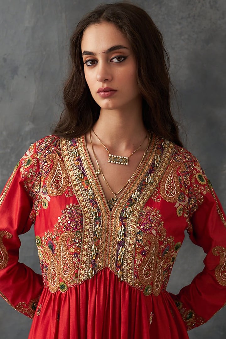 Burnt Sienna Chanderi Embroidered Gathered Kalidar Kurta Set by Petticoat Lane at Pernia's Pop Up Shop