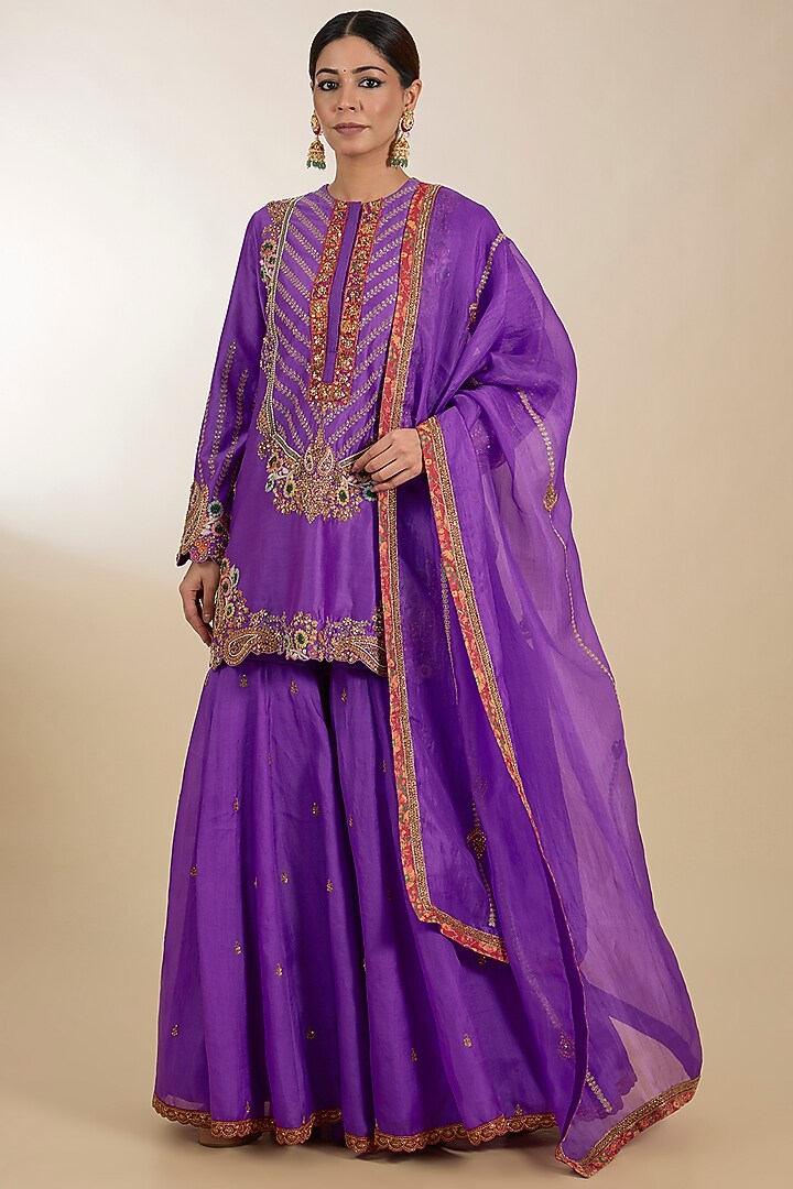 Purple Organza Hand Embroidered Bridal Sharara Set by Petticoat Lane at Pernia's Pop Up Shop