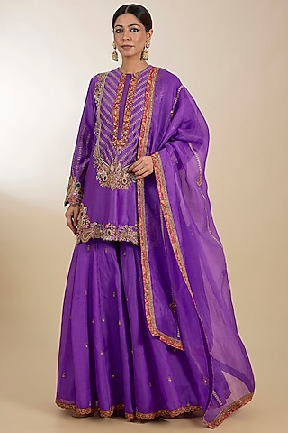 Purple Organza Hand Embroidered Sharara Set by Petticoat Lane