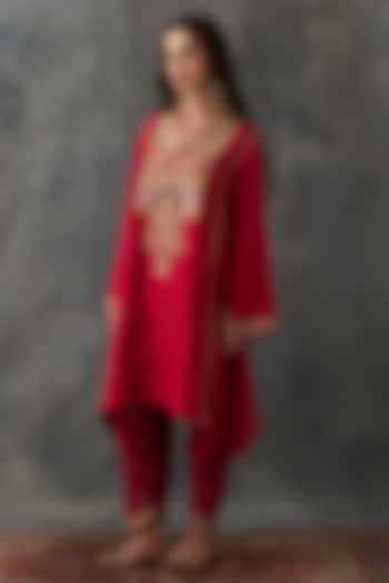 Red Dupion Silk Patch Work Asymmetric Kurta Set by Petticoat Lane at Pernia's Pop Up Shop