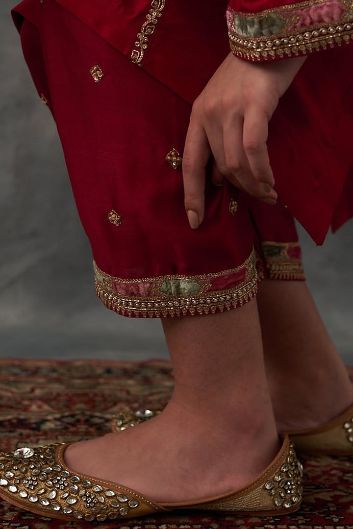 Red Dupion Silk Patch Work Asymmetric Kurta Set by Petticoat Lane at Pernia's Pop Up Shop