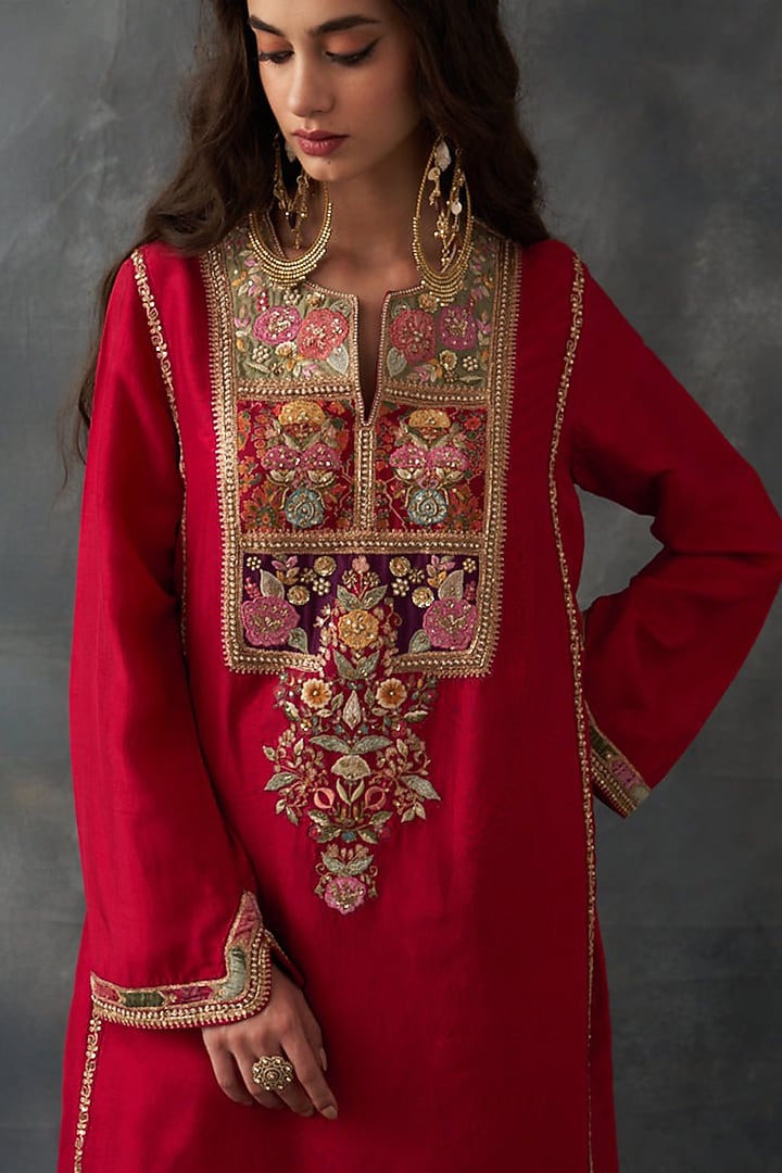 Red Dupion Silk Patch Work Asymmetric Kurta Set by Petticoat Lane at Pernia's Pop Up Shop