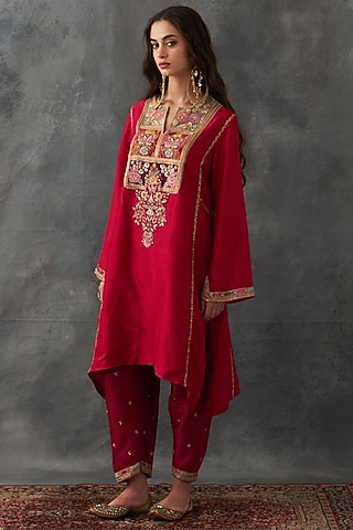 Fuchsia Pink Dupion Silk Patch Work Asymmetric Kurta Set by Petticoat Lane