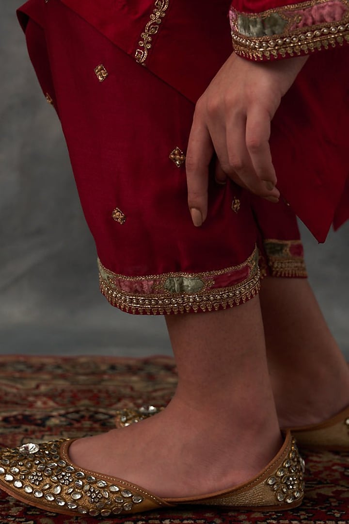 Fuchsia Pink Dupion Silk Patch Work Asymmetric Kurta Set by Petticoat Lane at Pernia's Pop Up Shop